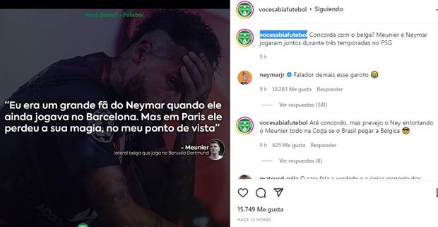 Neymar le respondió a Thomas Meunier en redes sociales.