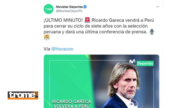 Movistar Deportes anuncia conferencia de Ricardo Gareca (Twitter)