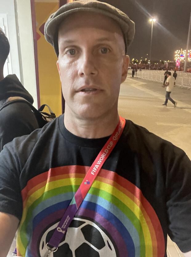 A selfie shows Grant Wahl with a t-shirt supporting LGBTQ rights, who got detained, and was allegedly forced to remove it by Qatar World Cup security, before entering the stadium in Al Rayyan, Qatar released on November 21, 2022 in this picture obtained from social media. Grant Wahl via Twitter/via REUTERS  THIS IMAGE HAS BEEN SUPPLIED BY A THIRD PARTY. MANDATORY CREDIT. NO RESALES. NO ARCHIVES.