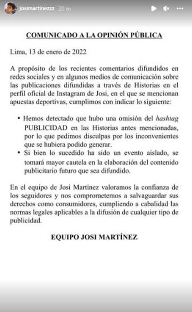 Josi Martínez se pronuncia tras investigación de Indecopi por publicidad en su Instagram