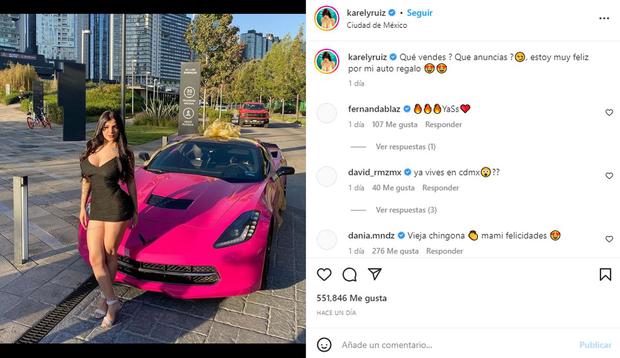 La publicación de Ruiz en su Instagram, titulada: "qué vendes ¿Qué estás promocionando?Estoy muy feliz de recibir mi coche de regalo." (Foto: Karely Ruíz/Instagram)